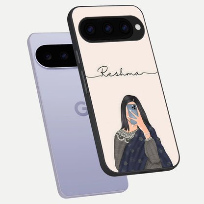  Mirror Mood Muse With Custom Name phone case For Google Pixel 11 showing premium glass back cover with detailed artwork