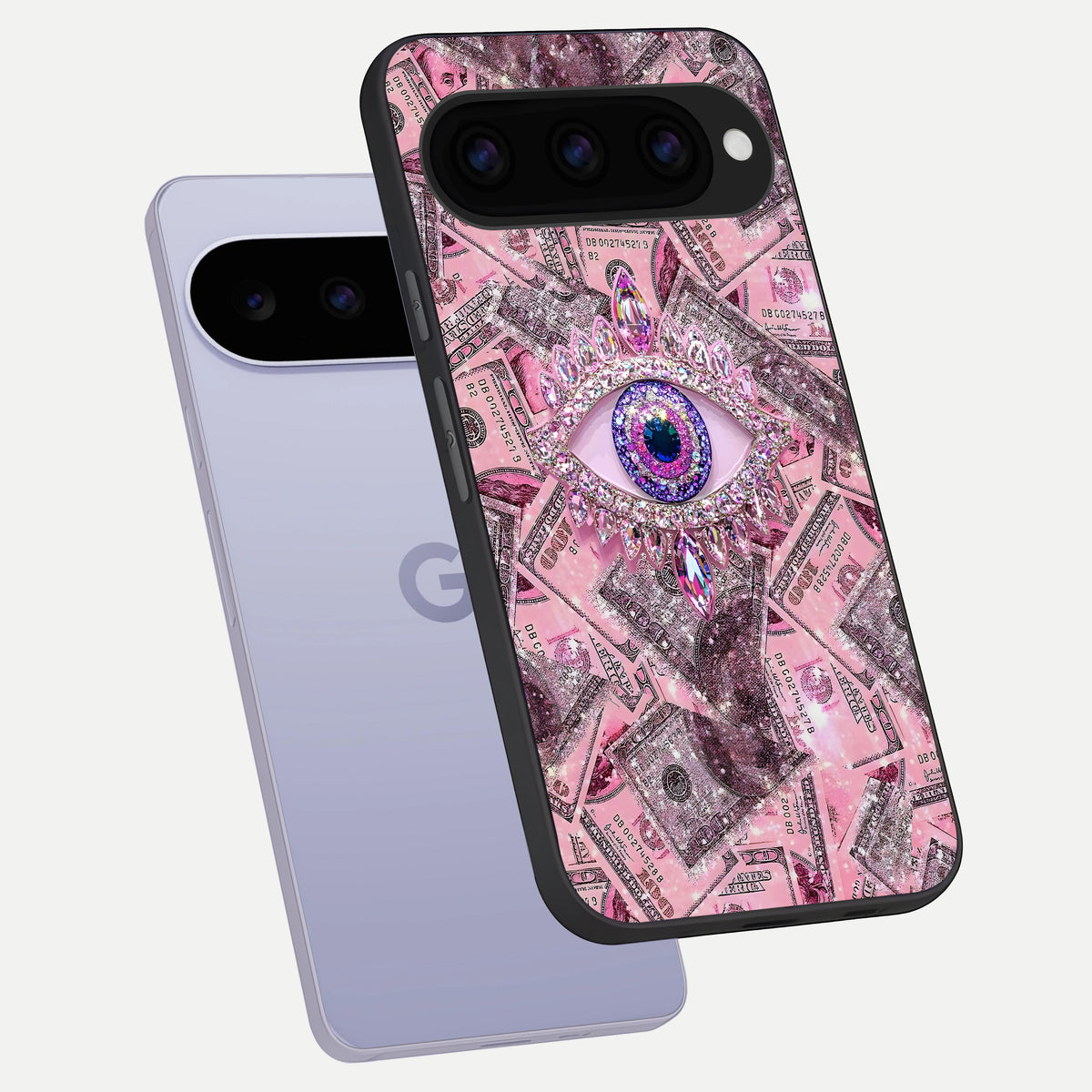  Money Eye Luxe phone case For Google Pixel 11 showing premium glass back cover with detailed artwork