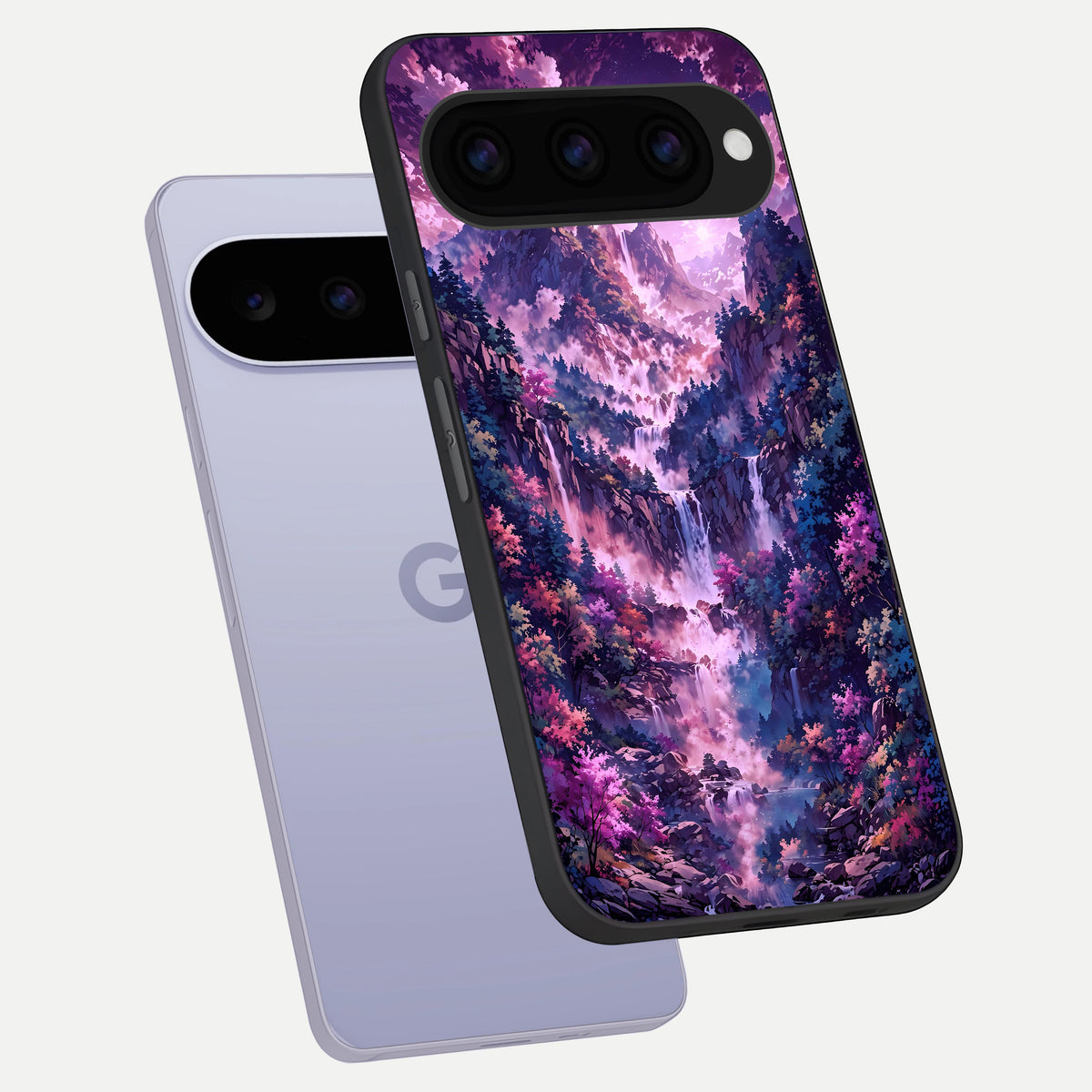  Mystic Cascade Peaks phone case For Google Pixel 11 showing premium glass back cover with detailed artwork