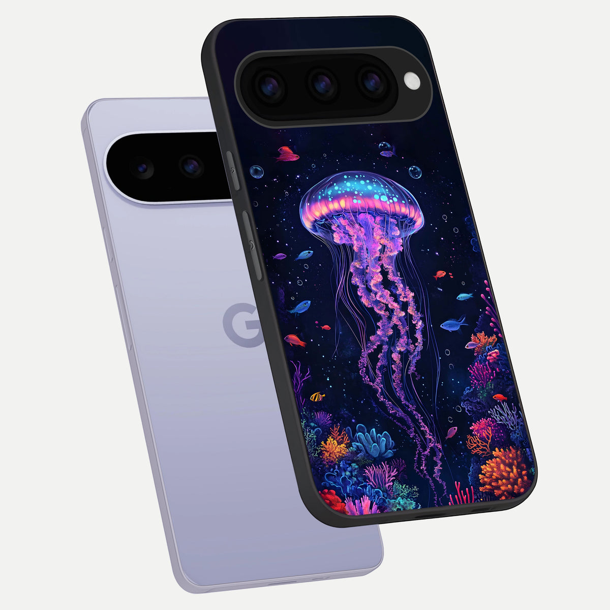  Neon Jellyfish phone case For Google Pixel 11 showing premium glass back cover with detailed artwork