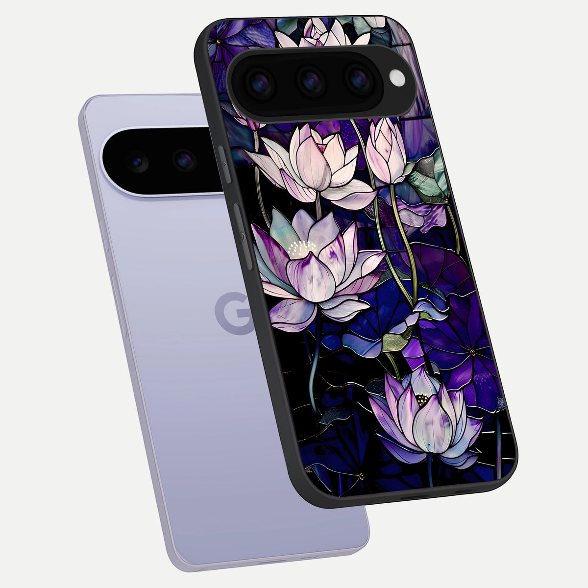  Purple Lotus Pattern phone case For Google Pixel 11 showing premium glass back cover with detailed artwork