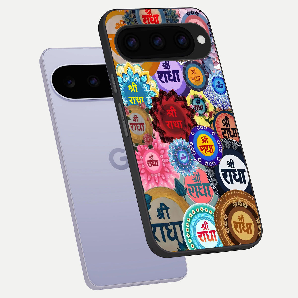  Radha Divine Bloom phone case For Google Pixel 11 showing premium glass back cover with detailed artwork