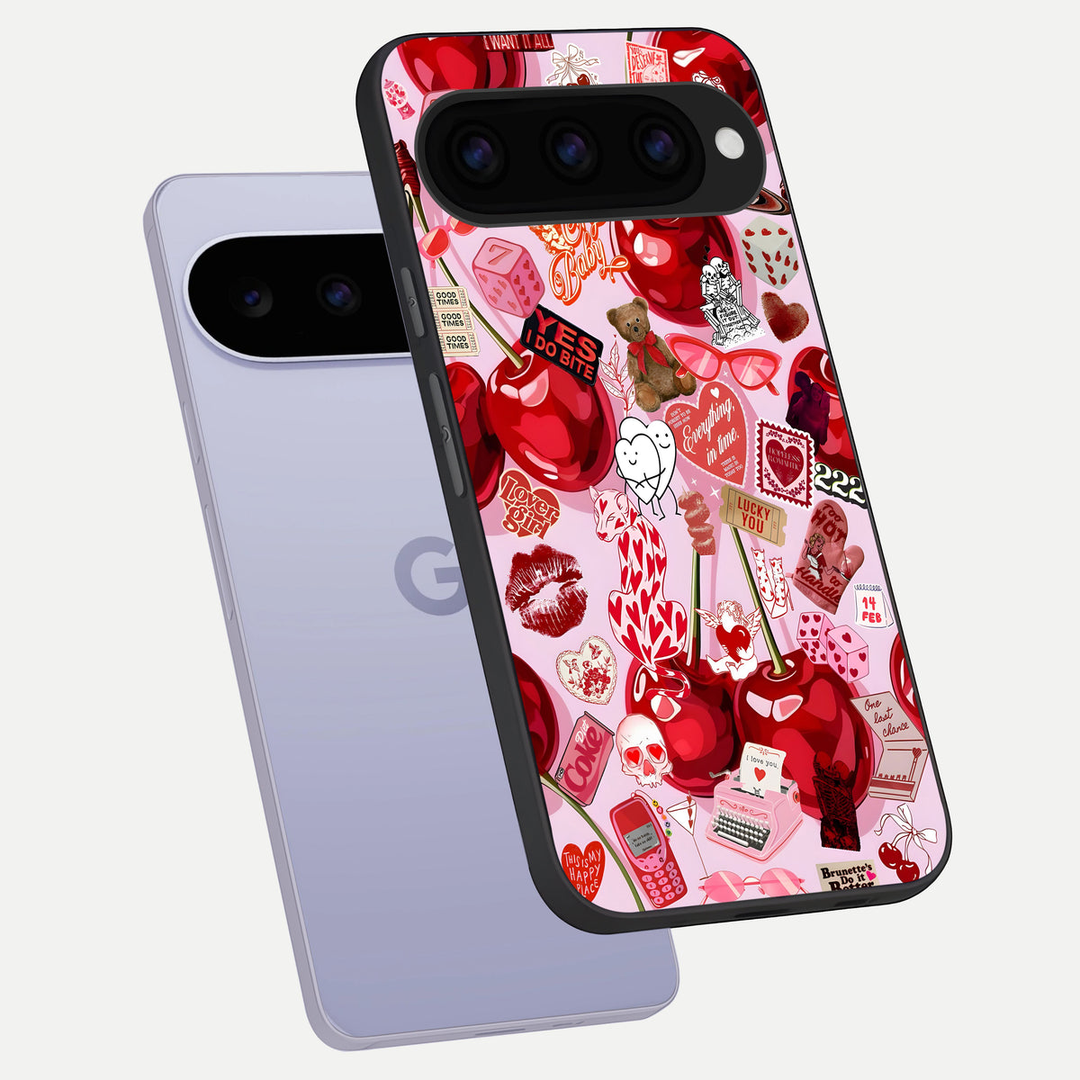  Sweet Cherry Chaos phone case For Google Pixel 11 showing premium glass back cover with detailed artwork