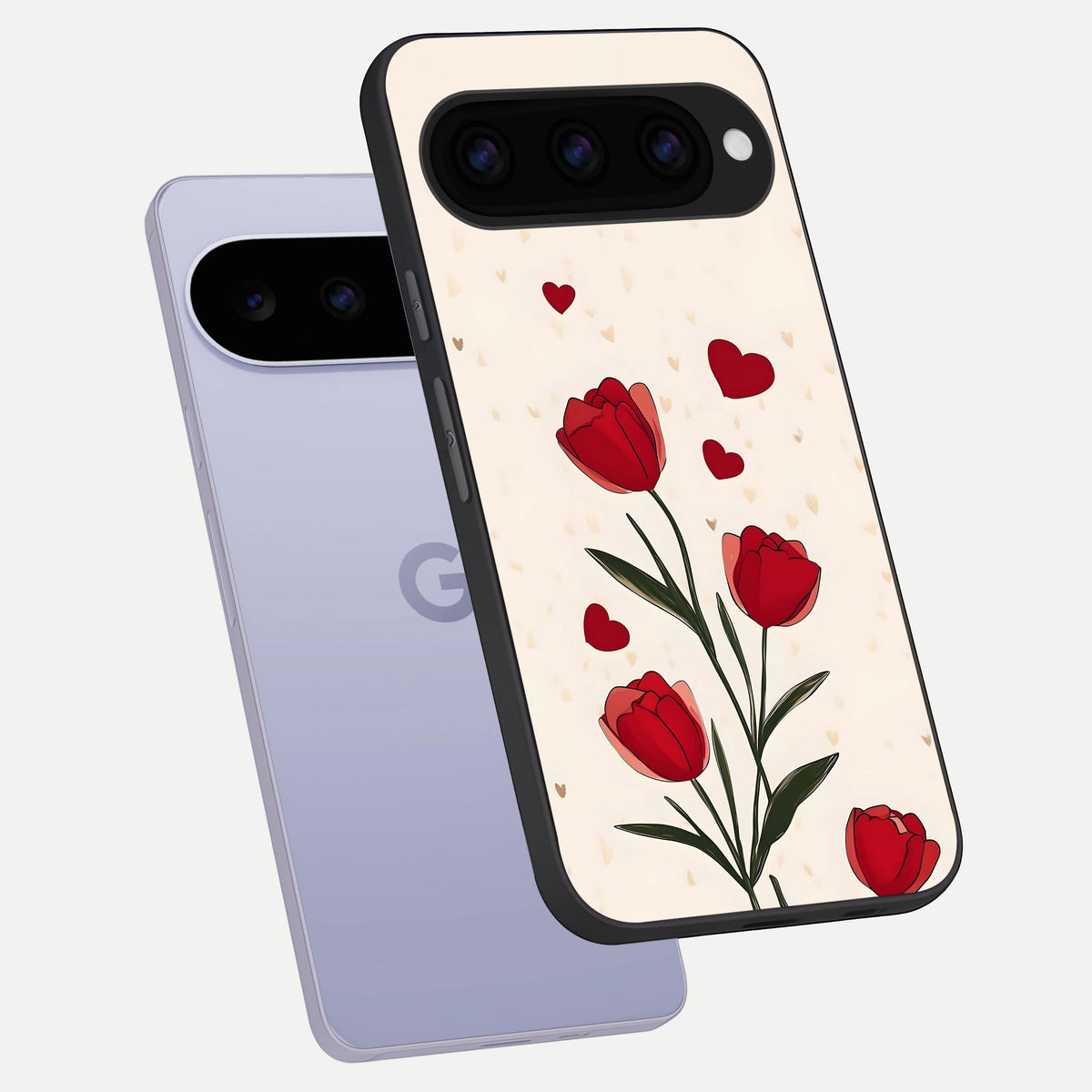  Tulip With Heart phone case For Google Pixel 11 showing premium glass back cover with detailed artwork