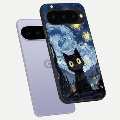 Van Gogh Cat phone case For Google Pixel 11 showing premium glass back cover with detailed artwork