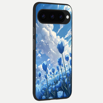  Blue Tulip Clouds back cover For Google Pixel 11 slim fit glass case with vibrant aesthetic design