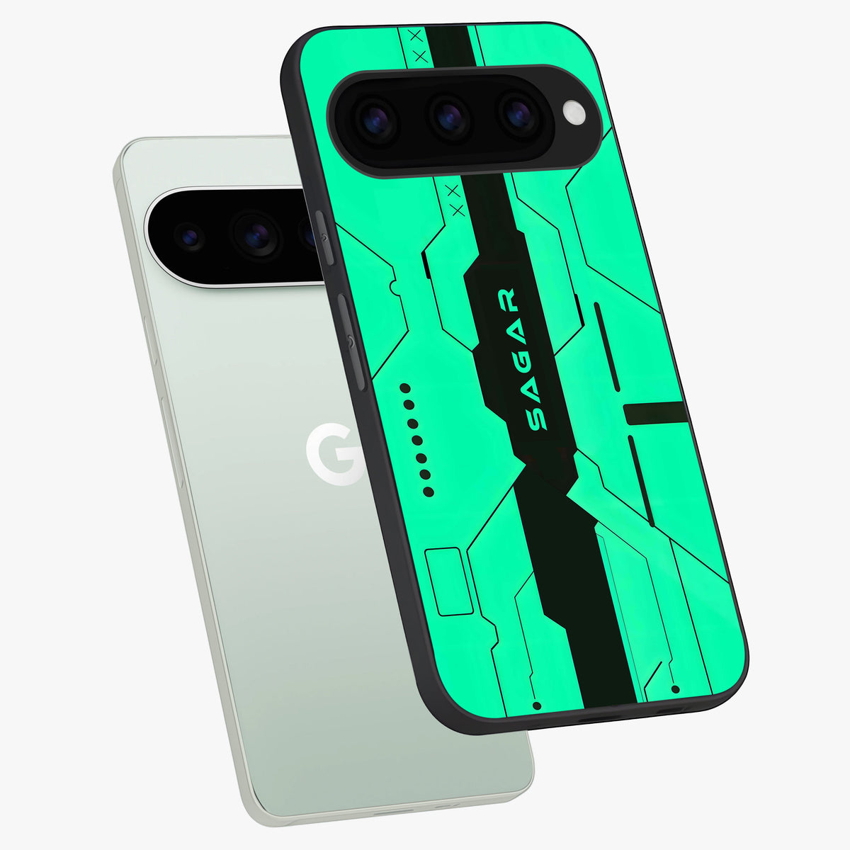  Aqua Tech CYBERPUNK Custom Name phone case For Google Pixel 11 Pro showing premium glass back cover with detailed artwork
