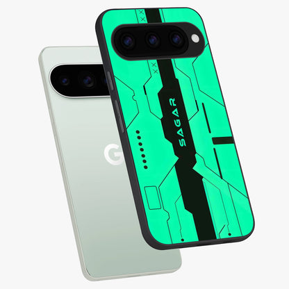  Aqua Tech CYBERPUNK Custom Name phone case For Google Pixel 11 Pro showing premium glass back cover with detailed artwork