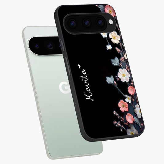  Black Elegance Floral Custom Name phone case For Google Pixel 11 Pro showing premium glass back cover with detailed artwork