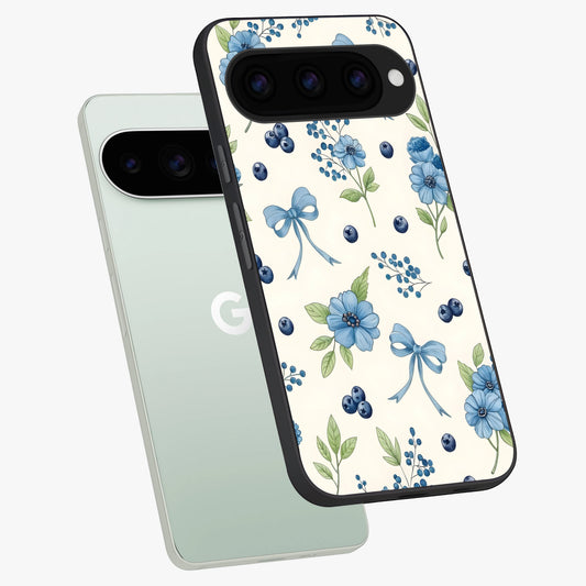  Blue Flower And Bow phone case For Google Pixel 11 Pro showing premium glass back cover with detailed artwork