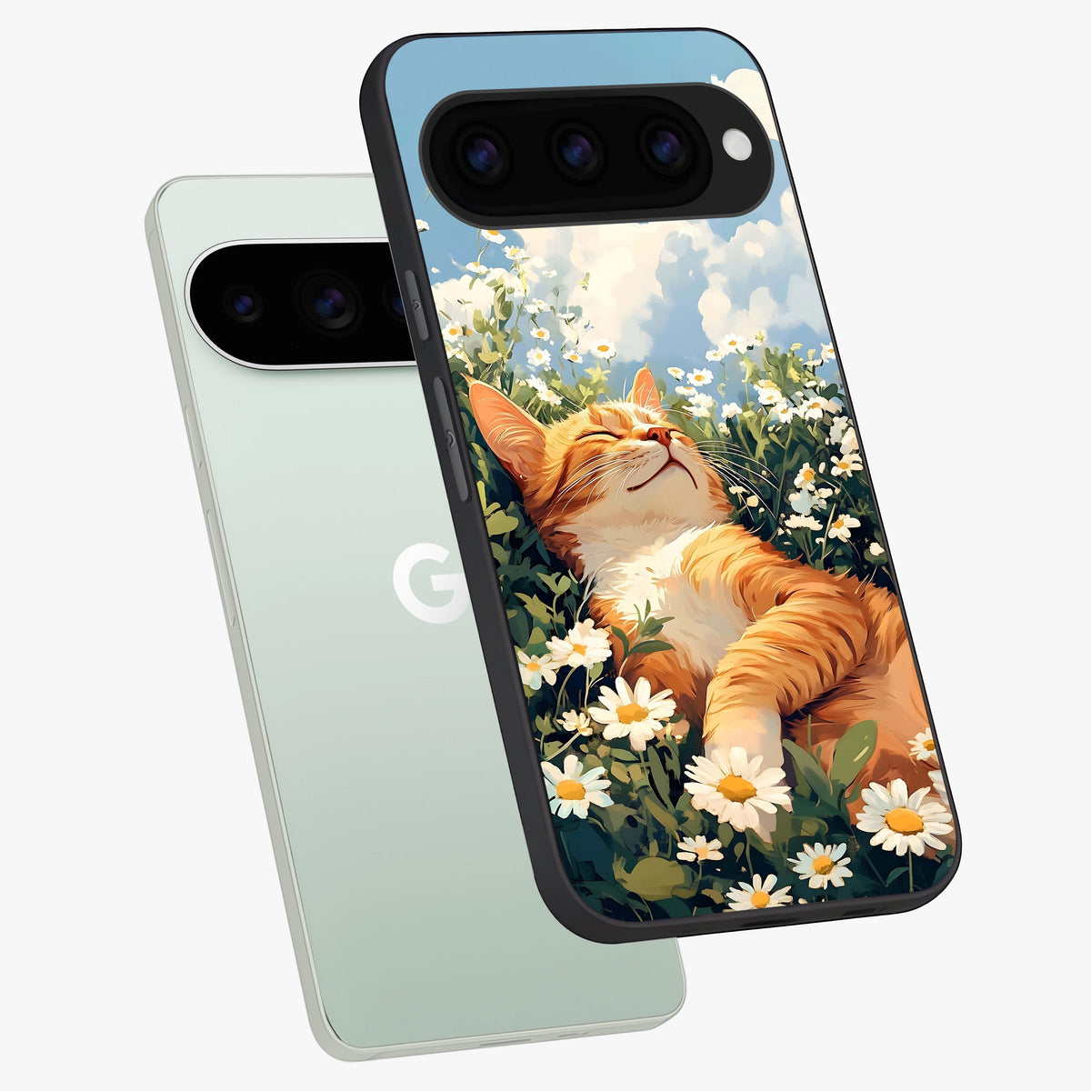  Cat And Flowers View phone case For Google Pixel 11 Pro showing premium glass back cover with detailed artwork