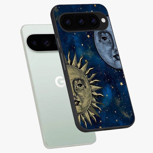  Celestial Moon With Sun phone case For Google Pixel 11 Pro showing premium glass back cover with detailed artwork