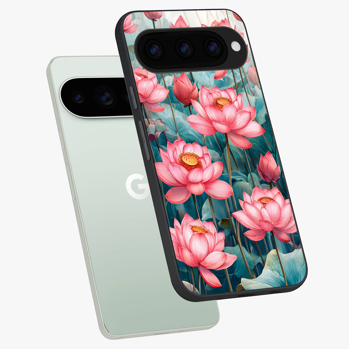  Celestial Pink Lotus phone case For Google Pixel 11 Pro showing premium glass back cover with detailed artwork