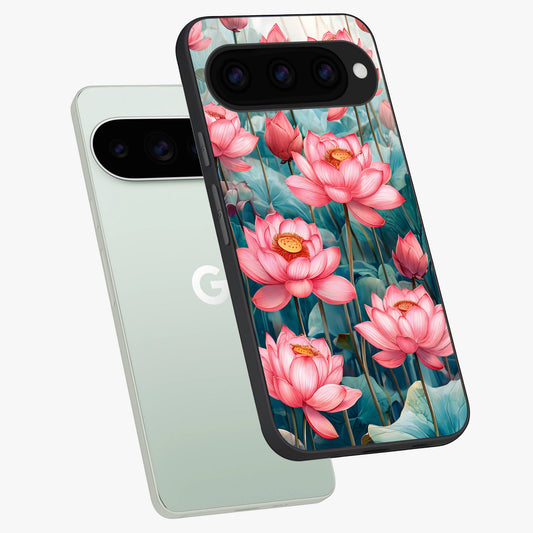  Celestial Pink Lotus phone case For Google Pixel 11 Pro showing premium glass back cover with detailed artwork