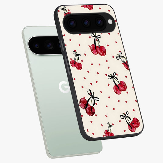  Cherry Heart Bow phone case For Google Pixel 11 Pro showing premium glass back cover with detailed artwork