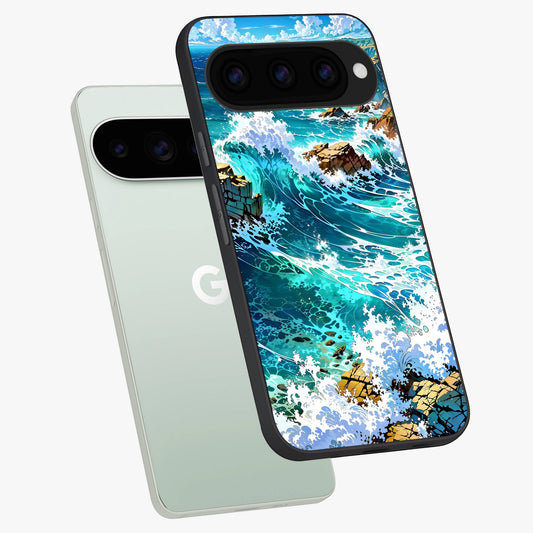  Coastal Blue Waves phone case For Google Pixel 11 Pro showing premium glass back cover with detailed artwork