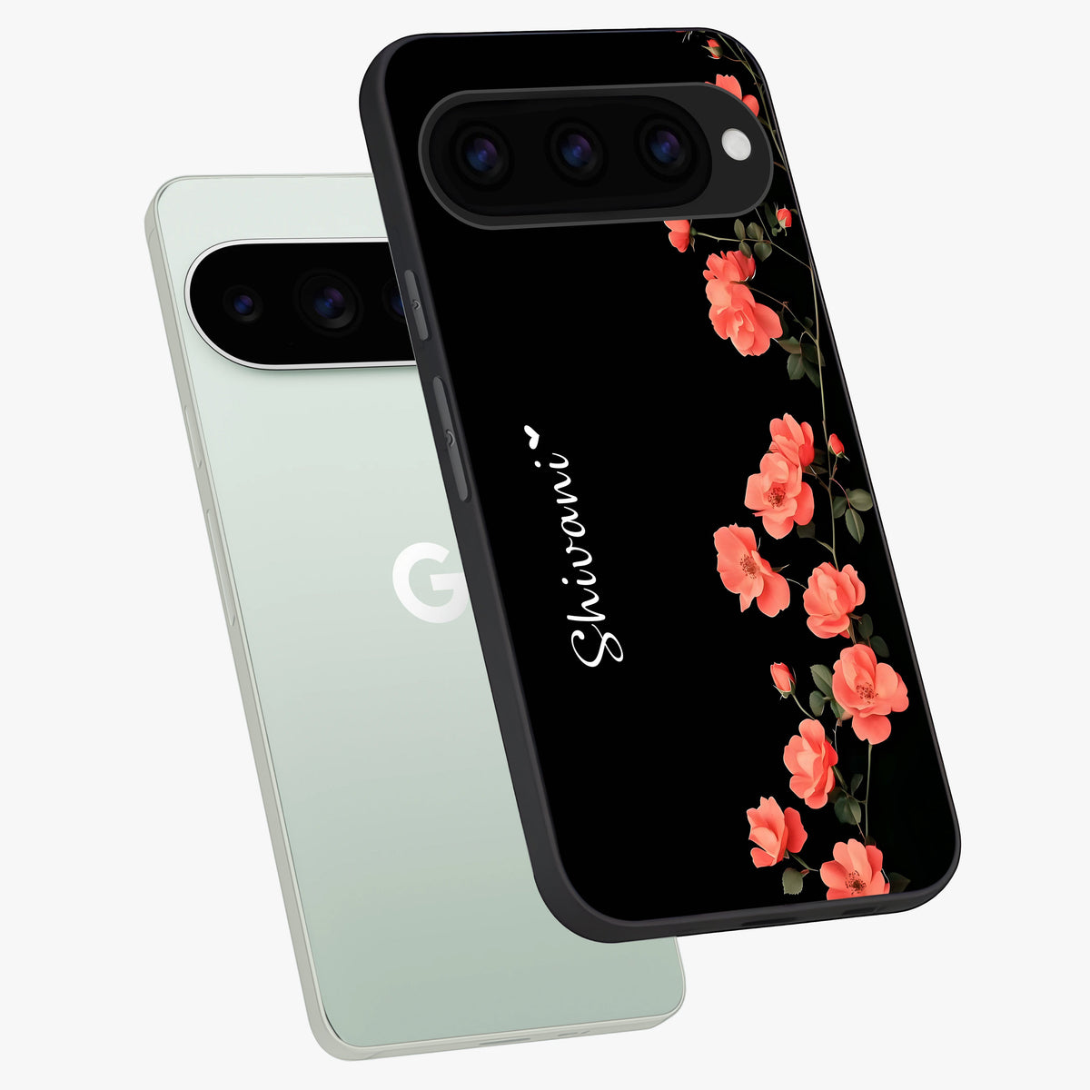  Crimson Bloom Grace Custom Name phone case For Google Pixel 11 Pro showing premium glass back cover with detailed artwork