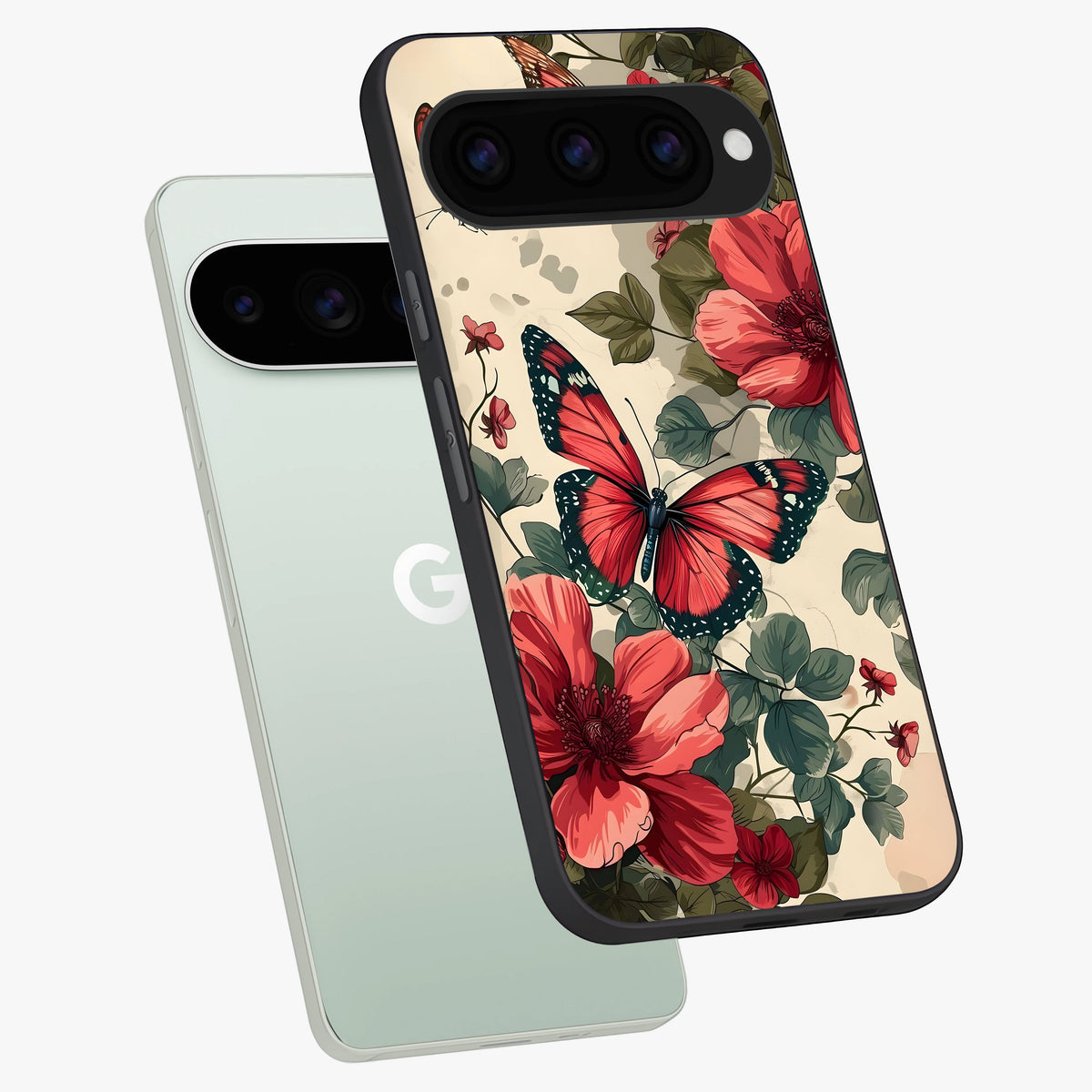  Crimson Butterfly Garden phone case For Google Pixel 11 Pro showing premium glass back cover with detailed artwork