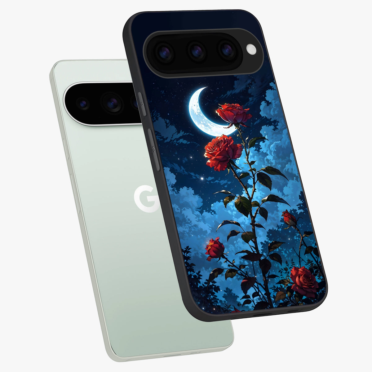  Crimson Rose Moon phone case For Google Pixel 11 Pro showing premium glass back cover with detailed artwork