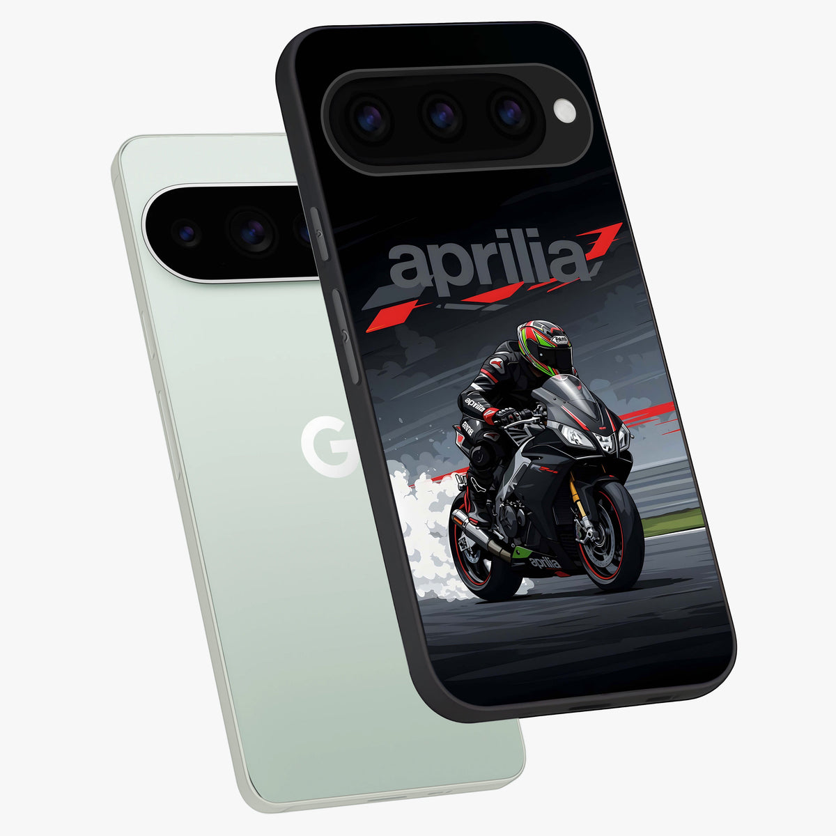  Dark Aprilla phone case For Google Pixel 11 Pro showing premium glass back cover with detailed artwork
