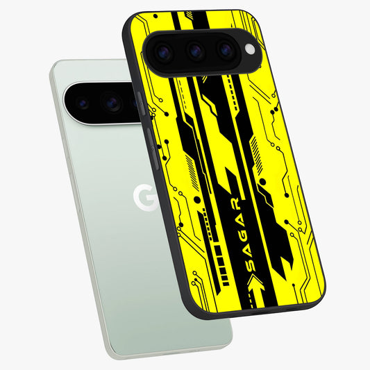  Electric Pulse CYBERPUNK Custom Name phone case For Google Pixel 11 Pro showing premium glass back cover with detailed artwork