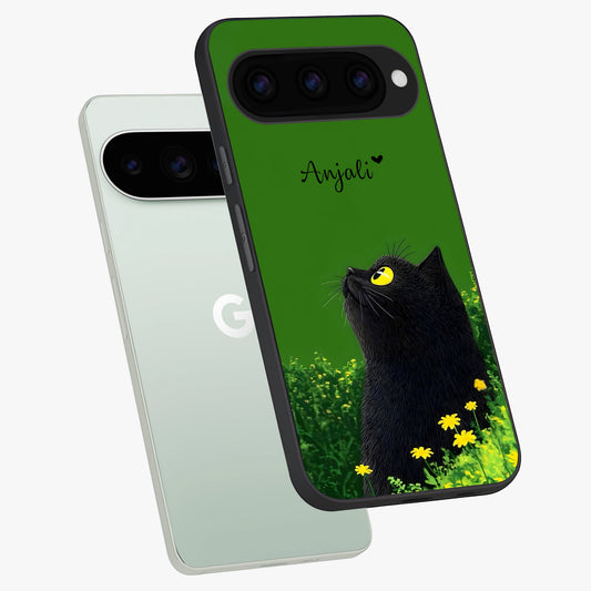  Emerald Cat Custom Name phone case For Google Pixel 11 Pro showing premium glass back cover with detailed artwork