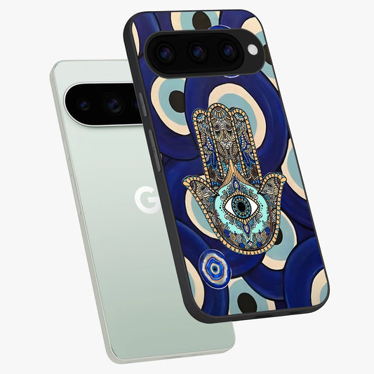  Hamsa Divine Guard phone case For Google Pixel 11 Pro showing premium glass back cover with detailed artwork
