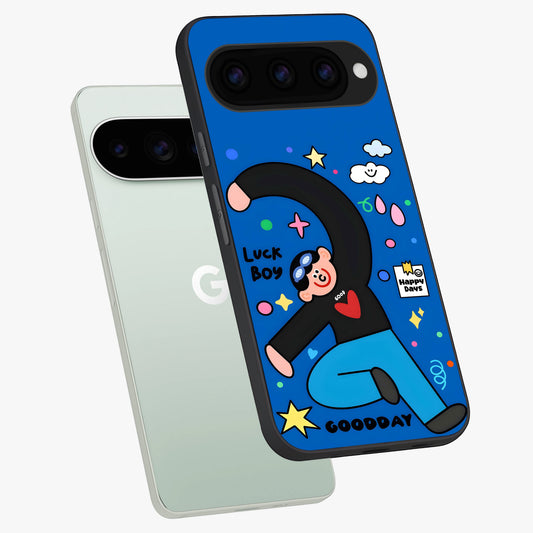  Happy Luck Vibe phone case For Google Pixel 11 Pro showing premium glass back cover with detailed artwork