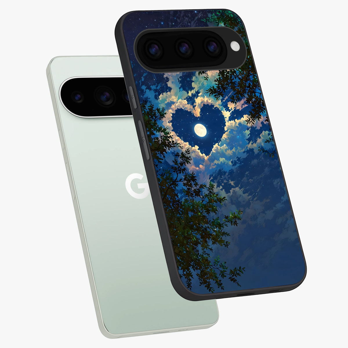  Heart With Moon Sky phone case For Google Pixel 11 Pro showing premium glass back cover with detailed artwork