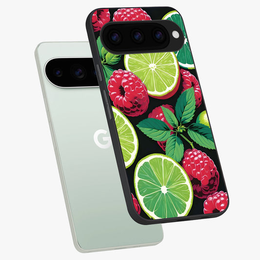  Lime and Raspberry Pattern phone case For Google Pixel 11 Pro showing premium glass back cover with detailed artwork