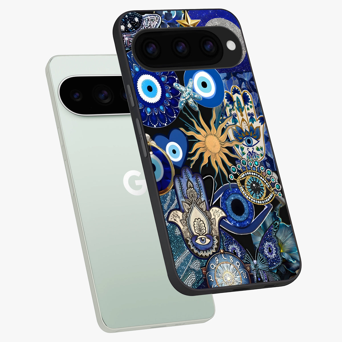  Mystic Blue Evil Eye phone case For Google Pixel 11 Pro showing premium glass back cover with detailed artwork