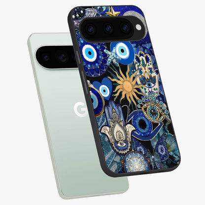  Mystic Blue Evil Eye phone case For Google Pixel 11 Pro showing premium glass back cover with detailed artwork