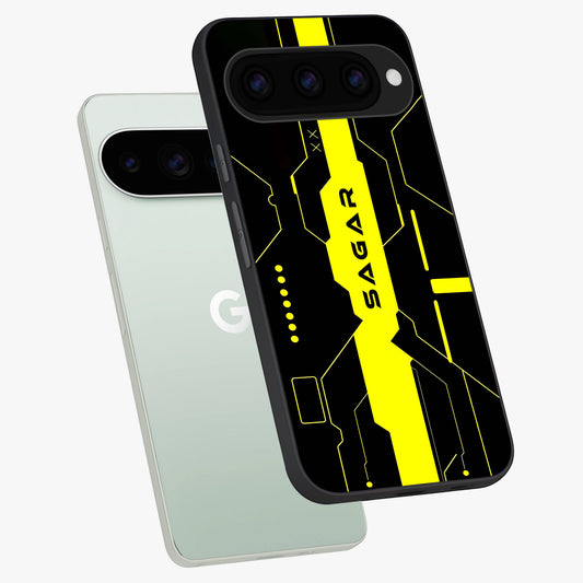  Neon CYBERPUNK Custom Name phone case For Google Pixel 11 Pro showing premium glass back cover with detailed artwork