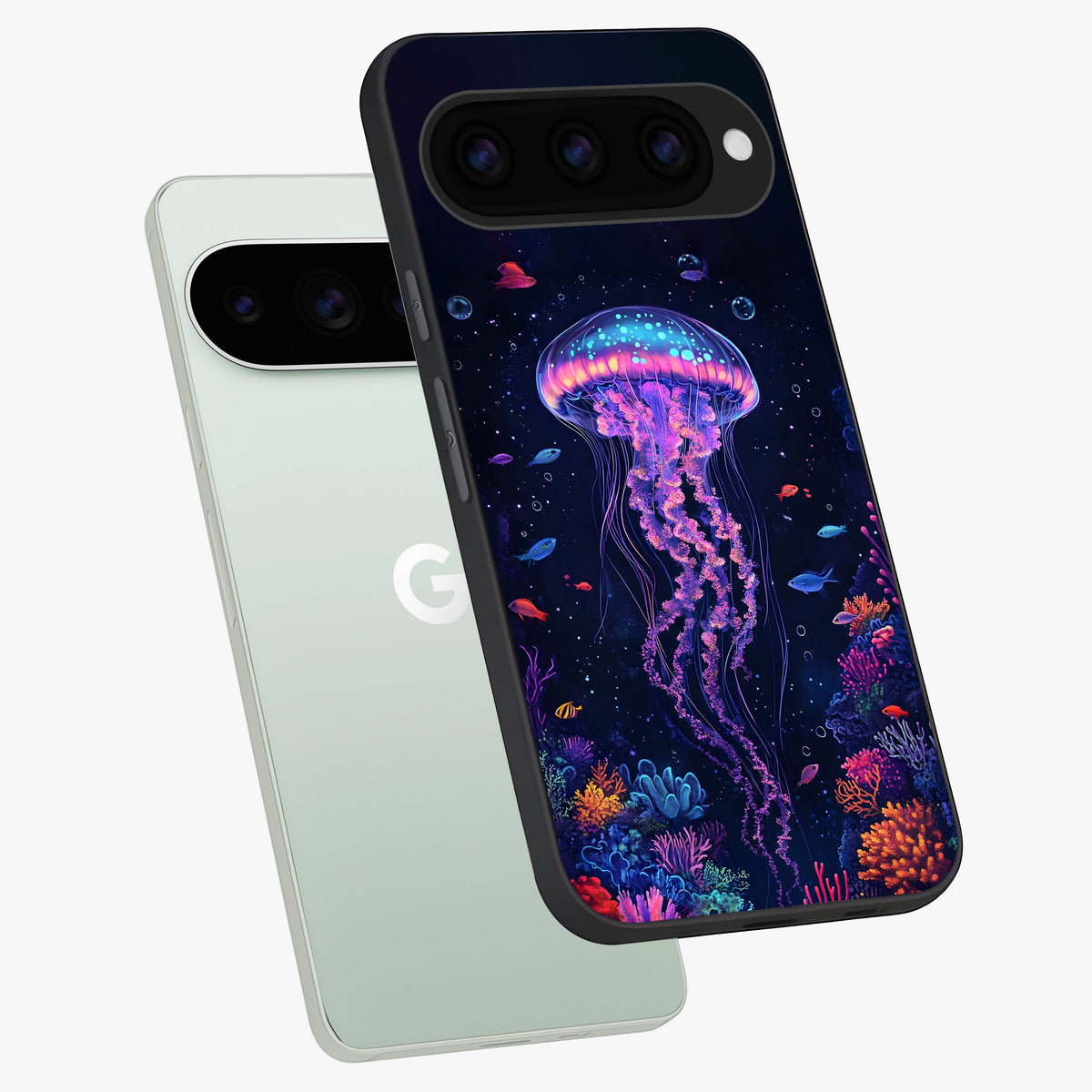  Neon Jellyfish phone case For Google Pixel 11 Pro showing premium glass back cover with detailed artwork