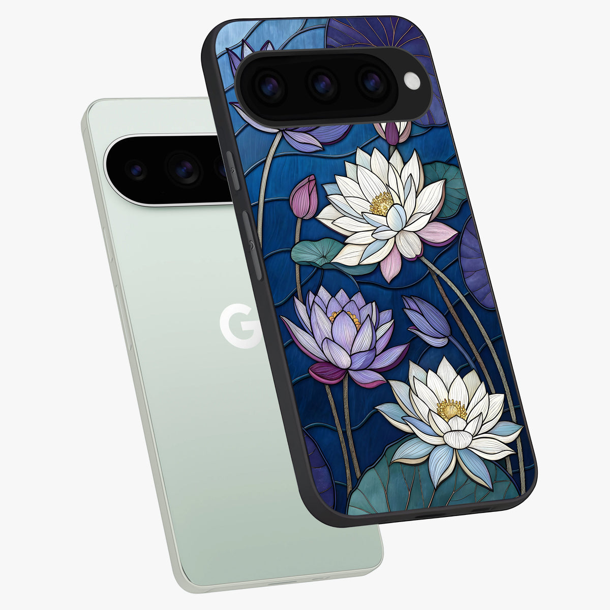  Purple Lotus Stained phone case For Google Pixel 11 Pro showing premium glass back cover with detailed artwork