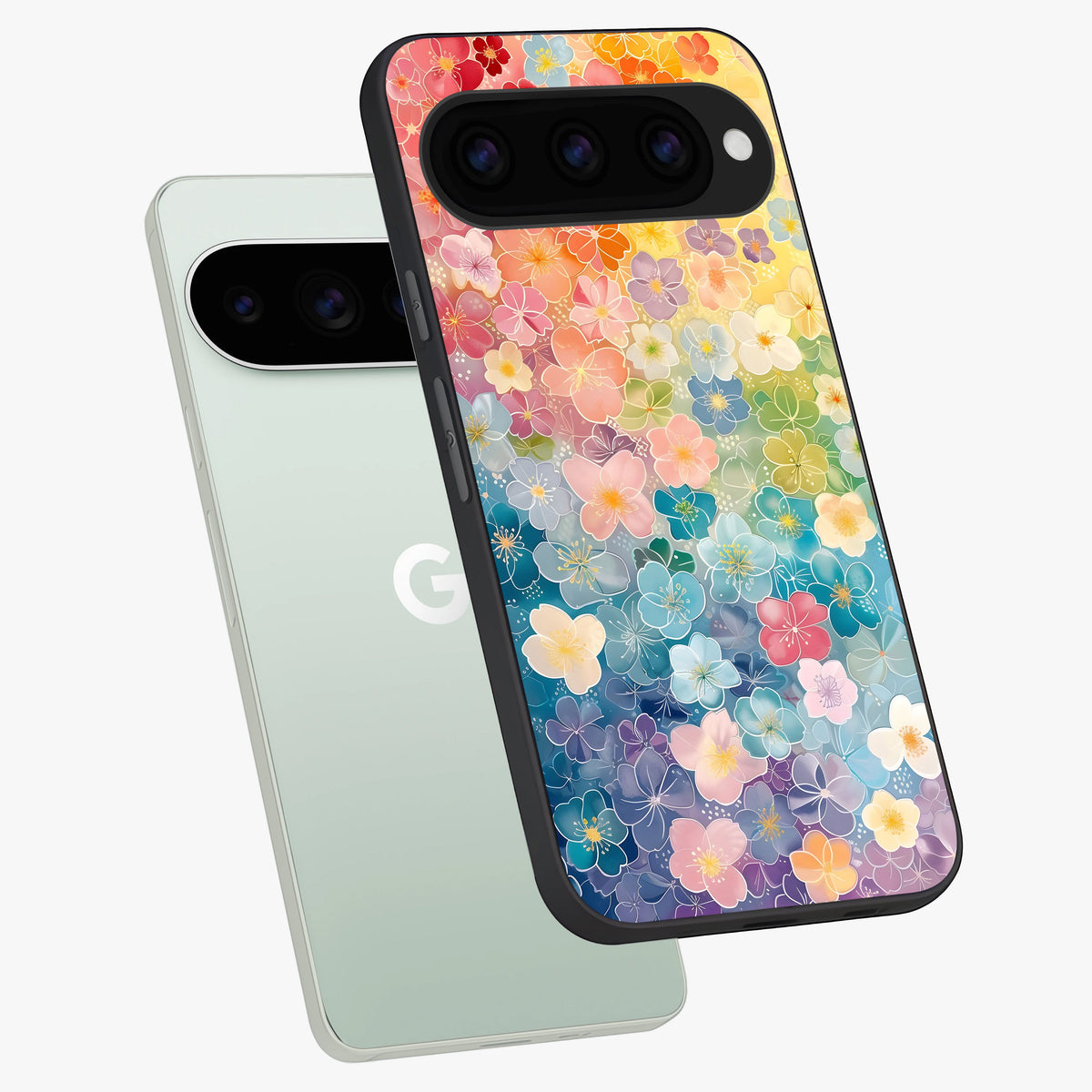  Rainbow Blossom Burst phone case For Google Pixel 11 Pro showing premium glass back cover with detailed artwork