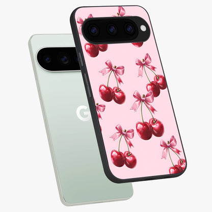  Red Cherries Pattern phone case For Google Pixel 11 Pro showing premium glass back cover with detailed artwork