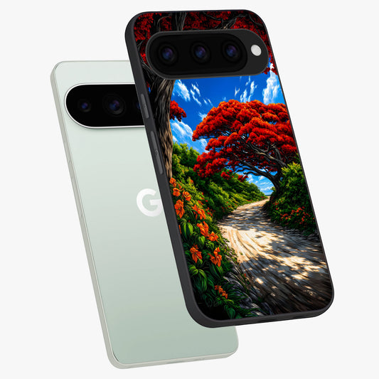  Red Trees Pathway phone case For Google Pixel 11 Pro showing premium glass back cover with detailed artwork