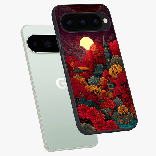  Scarlet Autumn Temple phone case For Google Pixel 11 Pro showing premium glass back cover with detailed artwork