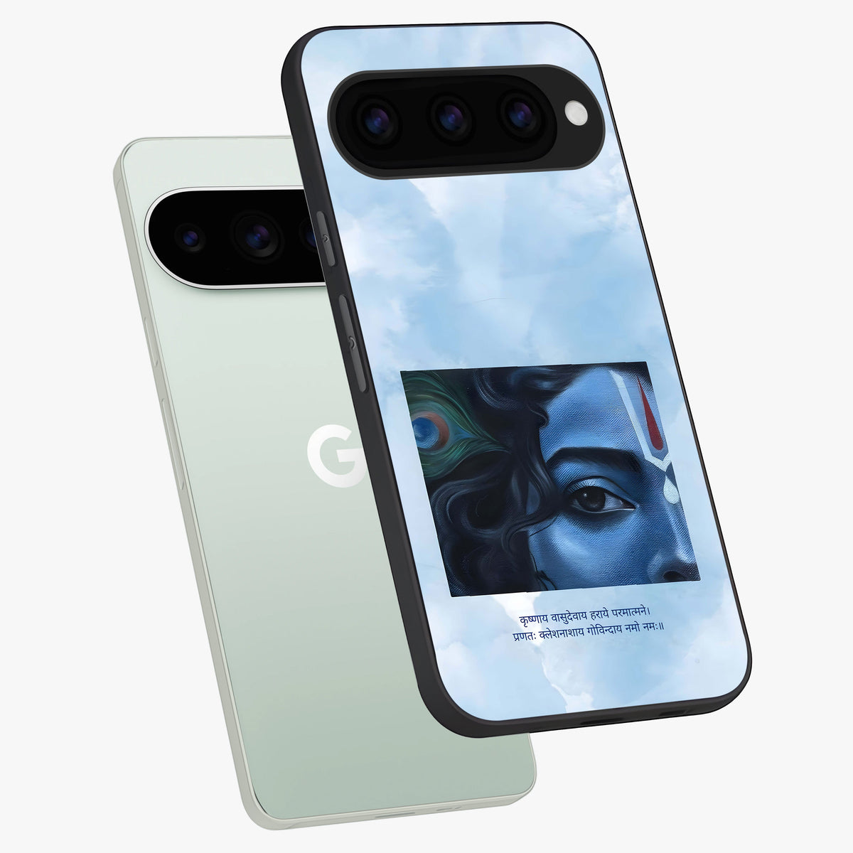  Spiritual Krishna phone case For Google Pixel 11 Pro showing premium glass back cover with detailed artwork