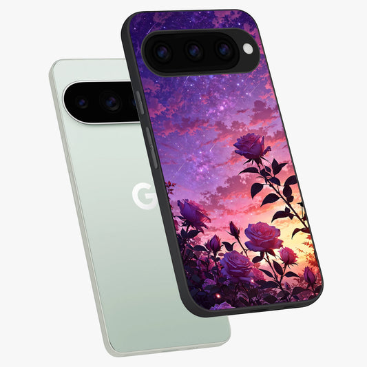  Starlit Rose Twilight phone case For Google Pixel 11 Pro showing premium glass back cover with detailed artwork
