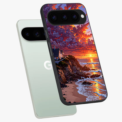  Sunset House By Sea phone case For Google Pixel 11 Pro showing premium glass back cover with detailed artwork