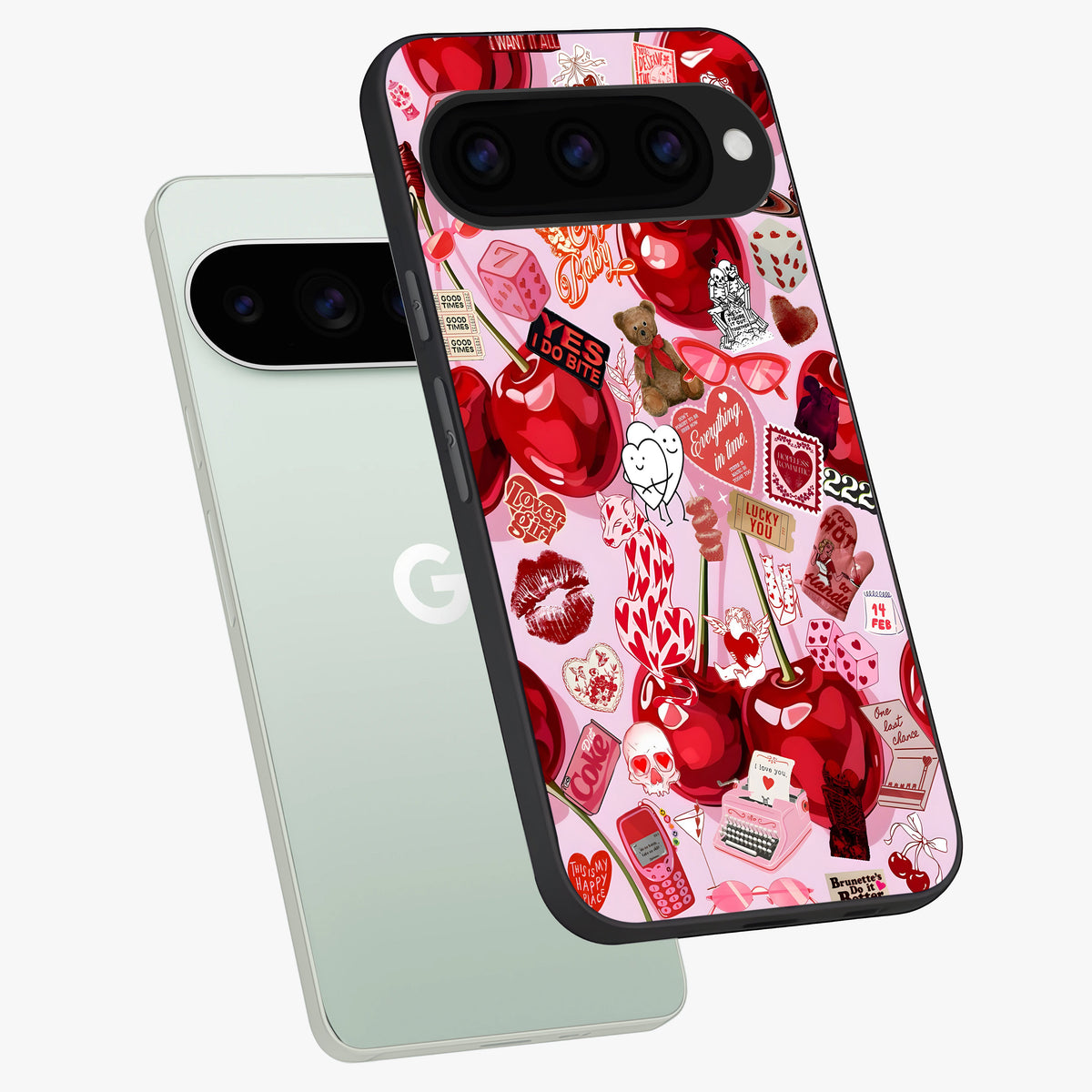  Sweet Cherry Chaos phone case For Google Pixel 11 Pro showing premium glass back cover with detailed artwork