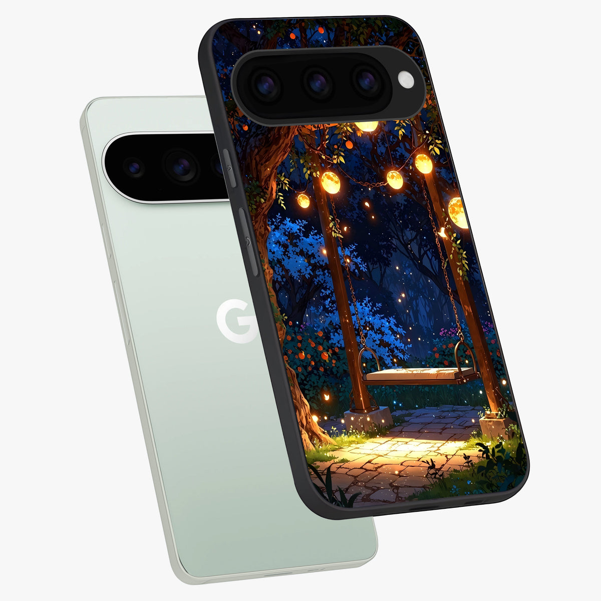  Twilight Garden Swing phone case For Google Pixel 11 Pro showing premium glass back cover with detailed artwork