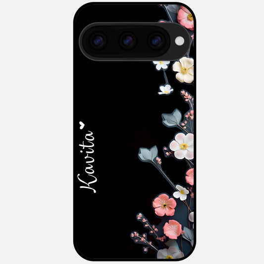  Black Elegance Floral Custom Name Glass Case For Google Pixel 11 Pro back cover – full design glossy printed glass finish