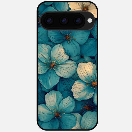  Blue Shade Floral Glass Case For Google Pixel 11 Pro back cover – full design glossy printed glass finish