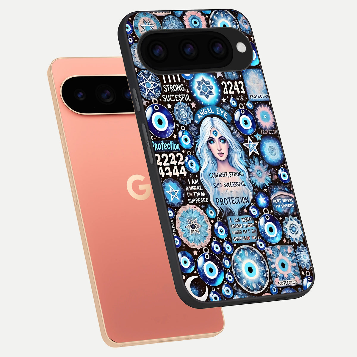  Angel Aura Shield phone case For Google Pixel 11 Pro XL showing premium glass back cover with detailed artwork
