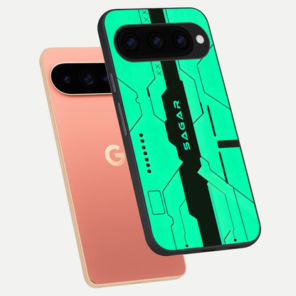  Aqua Tech CYBERPUNK Custom Name phone case For Google Pixel 11 Pro XL showing premium glass back cover with detailed artwork