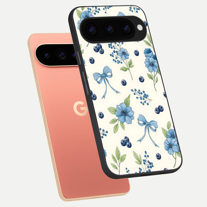  Blue Flower And Bow phone case For Google Pixel 11 Pro XL showing premium glass back cover with detailed artwork