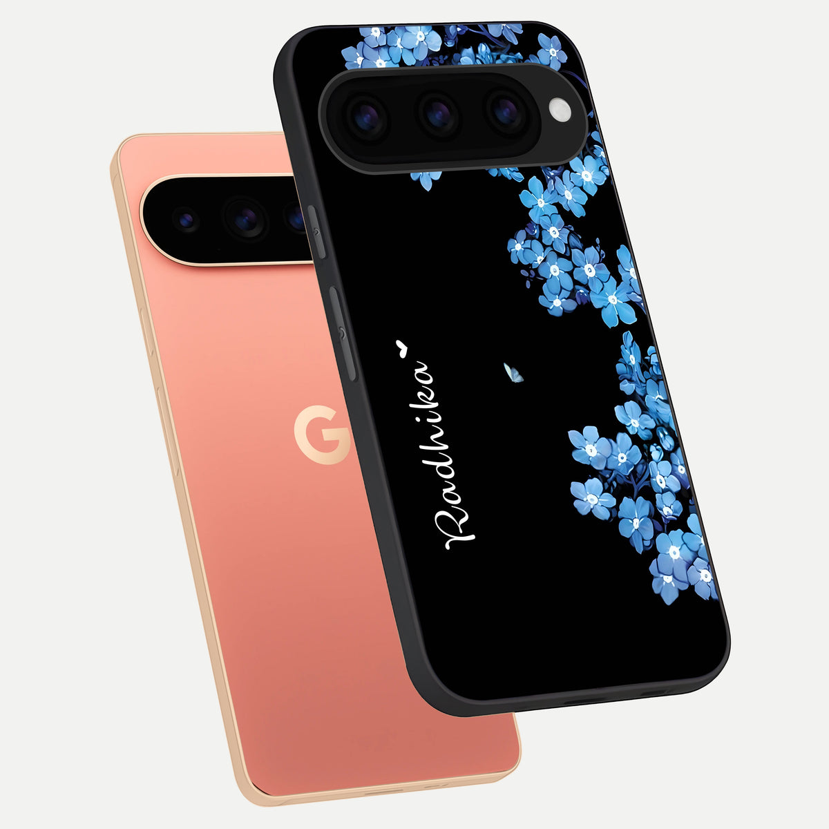  Blue Petal Dream Custom Name phone case For Google Pixel 11 Pro XL showing premium glass back cover with detailed artwork